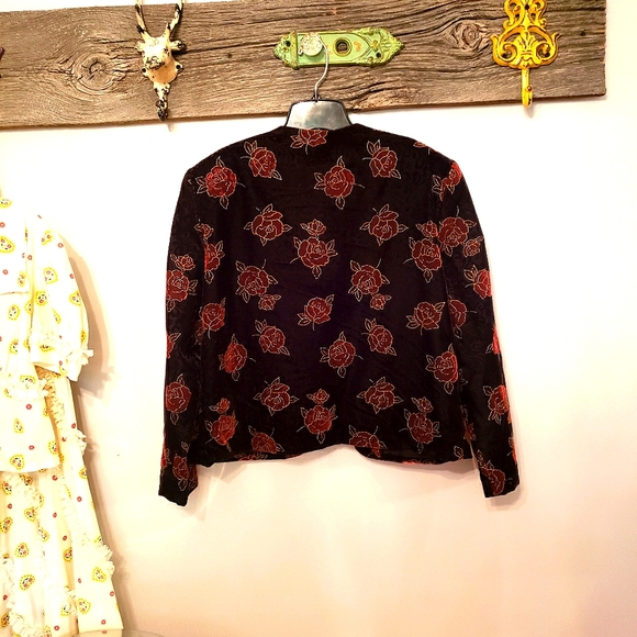 ♥️ Romantic Black Velvet Red Rose Bolero Jacket Sz L - Picture 3 of 6
